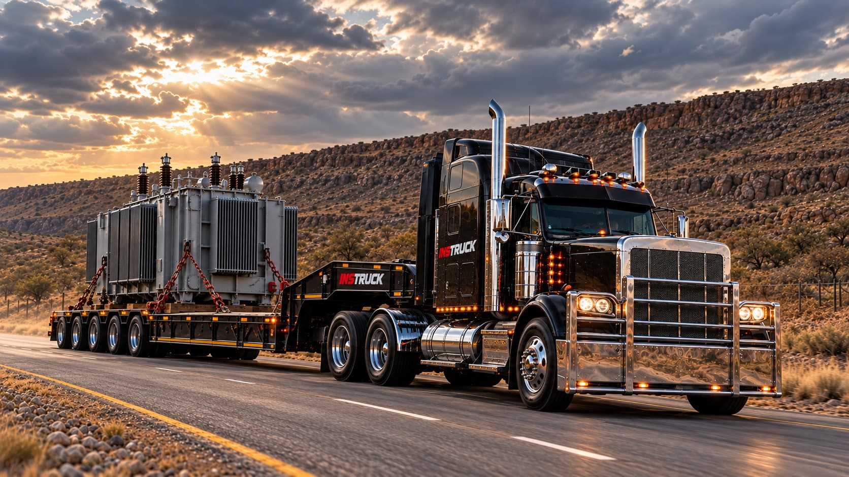 INSTRUCK heavy-haul truck carrying a secured industrial transformer on a low-bed trailer