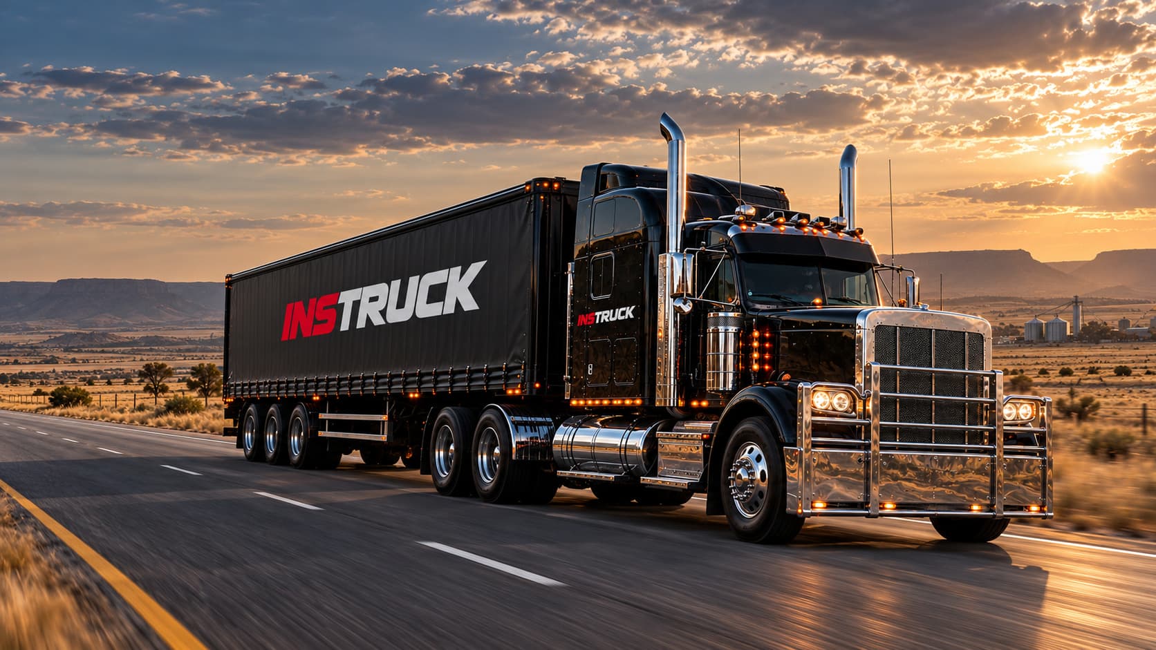 Branded INSTRUCK tractor and curtain-side freight trailer travelling through an inland logistics corridor