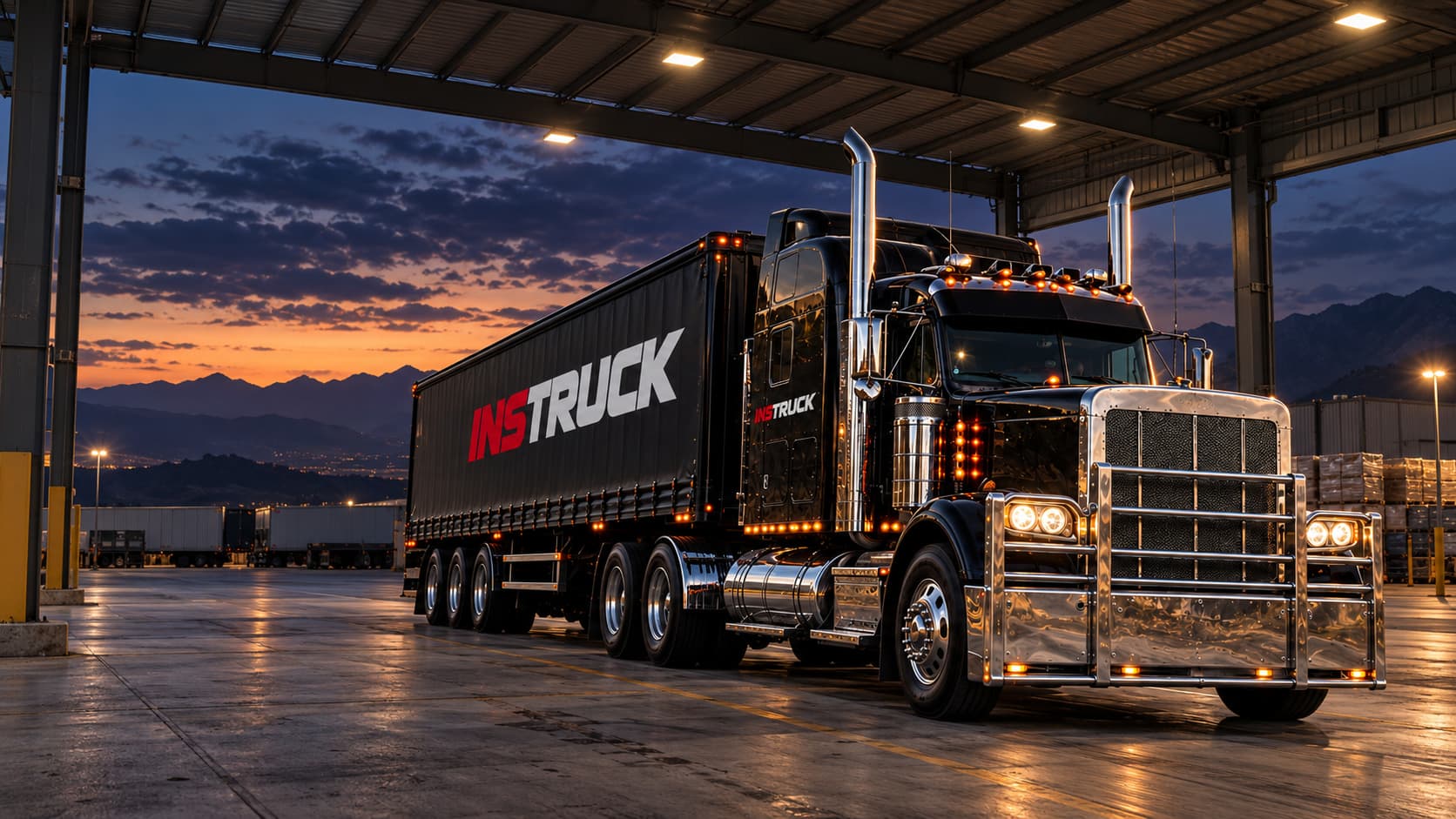 INSTRUCK truck parked intact beneath the lights of a covered depot inspection bay at dusk
