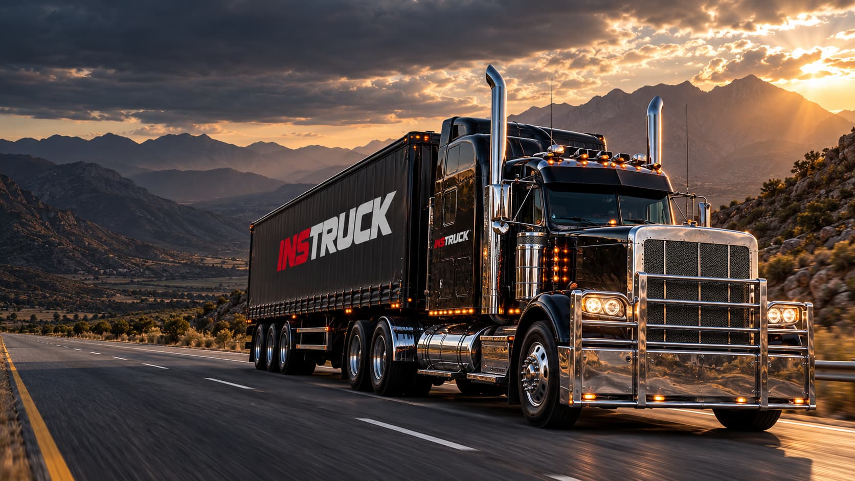 Black and chrome INSTRUCK long-nose truck on a South African mountain highway